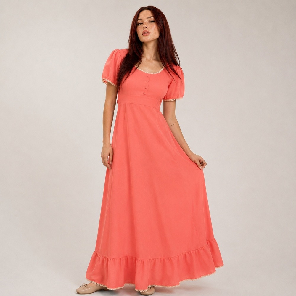 Vintage 70s Coral Pink Lace Trim Empire Waist Prairie Maxi Dress Small
